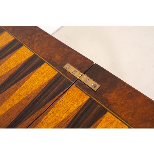 1980s Chippendale Style Burl Walnut Flip Top Inlaid Game Table For Sale - Image 5 of 15