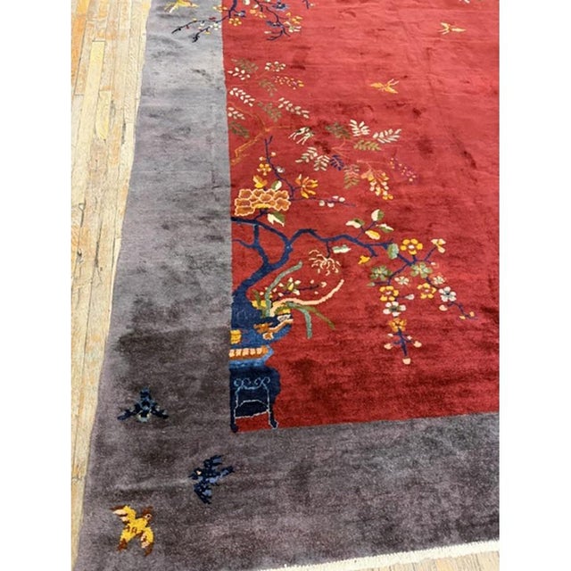 1920s Antique Vibrante Red Field Spray Floral Knotted Wool Chinese Art Deco Rug For Sale In New York - Image 6 of 7