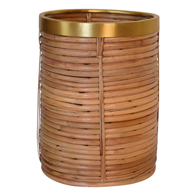 Matthew Izzo Home Brim Natural Rattan and Brass Trim Wastebasket For Sale
