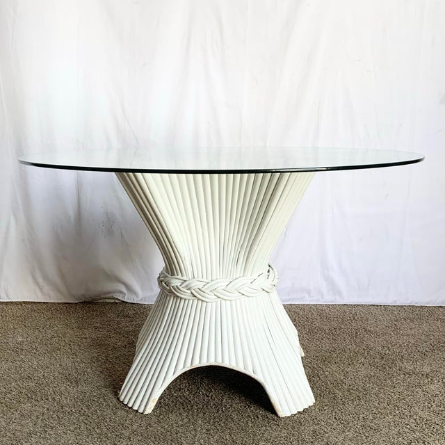 Boho Chic White Rattan Woven Sheaf Circular Glass Top Dining Table For Sale - Image 4 of 12
