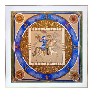 Framed Hermès Silk Scarf "Feux D'Artifice" by Michel Duchene, 1987 - Orange Gold Frame For Sale