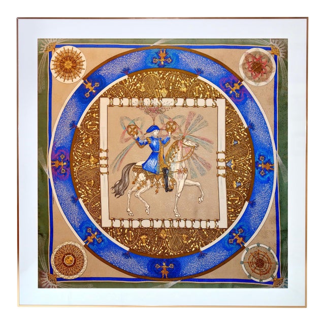 Framed Hermès Silk Scarf "Feux D'Artifice" by Michel Duchene, 1987 - Orange Gold Frame For Sale