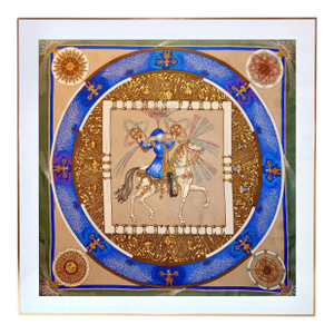 Framed Hermès Silk Scarf "Feux D'Artifice" by Michel Duchene, 1987 - Orange Gold Frame