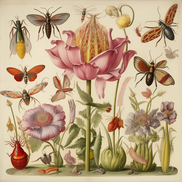 Set of 6 - 54" X 36" Gallery Wall Installation 'Insects and Flowers' Botanical Floral Prints, Unframed For Sale - Image 6 of 9