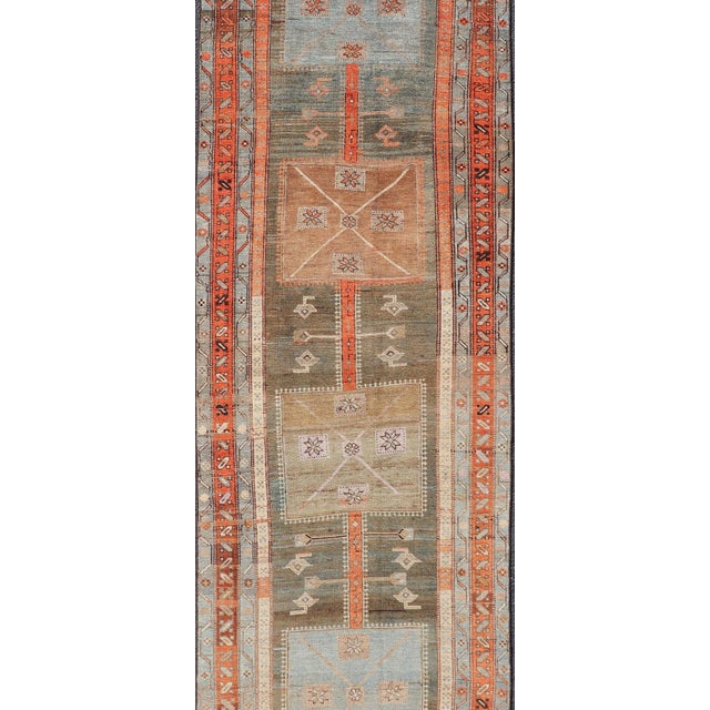 Tribal Antique Lori Gallery Runner With Geometric Tribal Medallion Design in Soft Tones For Sale - Image 3 of 12