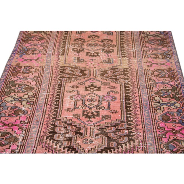 Shabby Chic Vintage Distressed Pink Handmade Geometric Wool Runner For Sale - Image 3 of 9