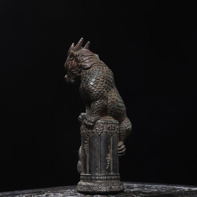 Brass Vintage Gilt Brass Qilin Figure - Mythical Beast on Column For Sale - Image 8 of 9