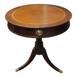 Fine 1940s Leather Top Drum Table Brass Lion Feet For Sale