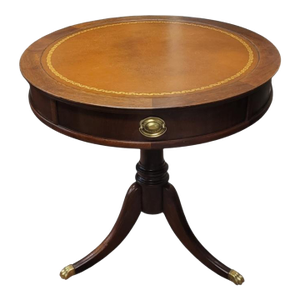 Fine 1940s Leather Top Drum Table Brass Lion Feet