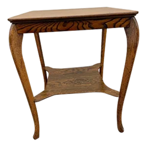 Antique Victorian Style Tiger Oak Square 2 Tier Side Table With Glass Top.