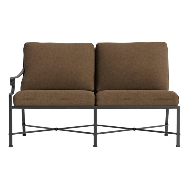 Brown Jordan Venetian Left Arm Loveseat, Textured Pewter frame with Fusion Moccasian fabric For Sale