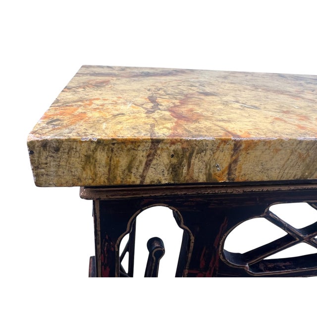 1990s Chinese Chippendale Chinoserie Faux Marble Top Console / Sofa Tables a Pair For Sale - Image 10 of 18
