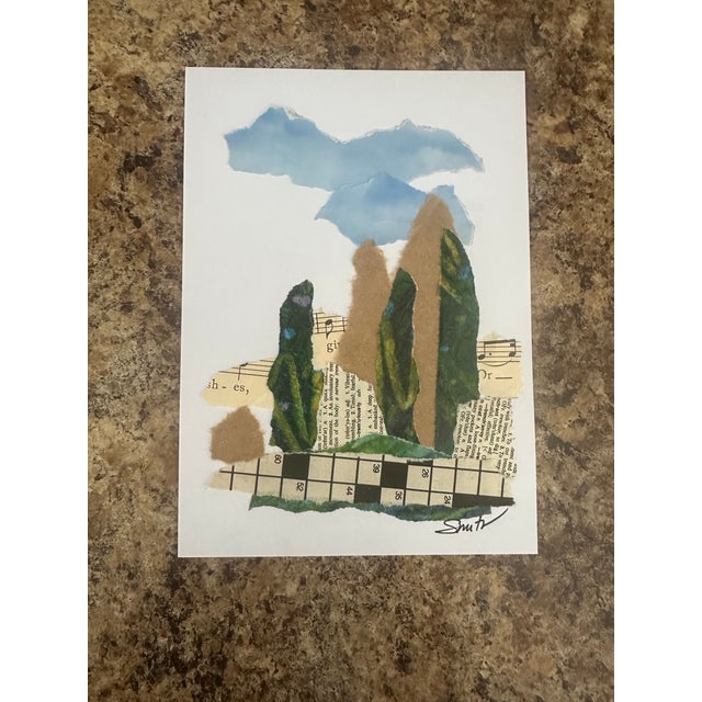 Vertical forms in deep greens and warm neutrals rise against a soft blue sky, creating a peaceful landscape-inspired...