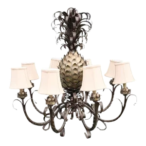 Monumental Vintage 8 Light Metal Silver Gold Currey & Co Style Pineapple Chandelier Light Fixture