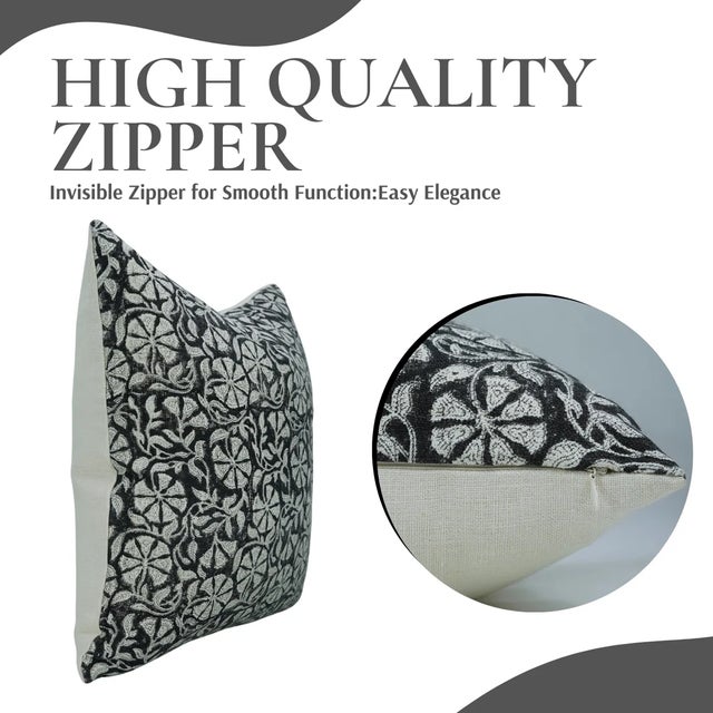 Art Deco Fabdivine Handblock Print Cushion Cover 14x20 Inch Off-White Linen-Rudraksh For Sale - Image 3 of 5