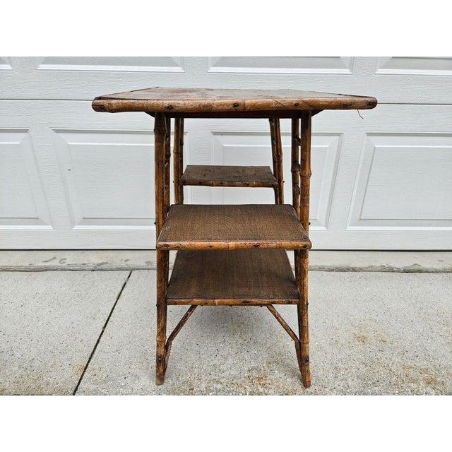 Wood Weathered Burnt Bamboo Reed Side Table Plant Stand For Sale - Image 7 of 14