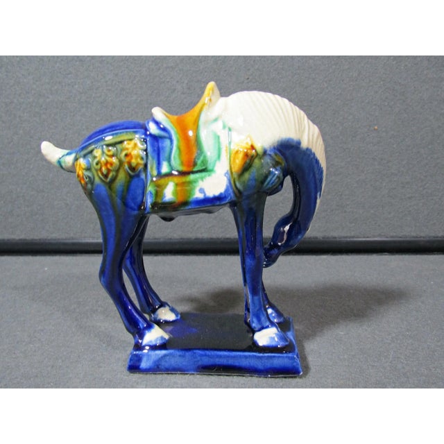 Chinese Vintage Blue Chinese Tang Dynasty Style Sancai Glaze War Horse Marked (H1) For Sale - Image 3 of 8