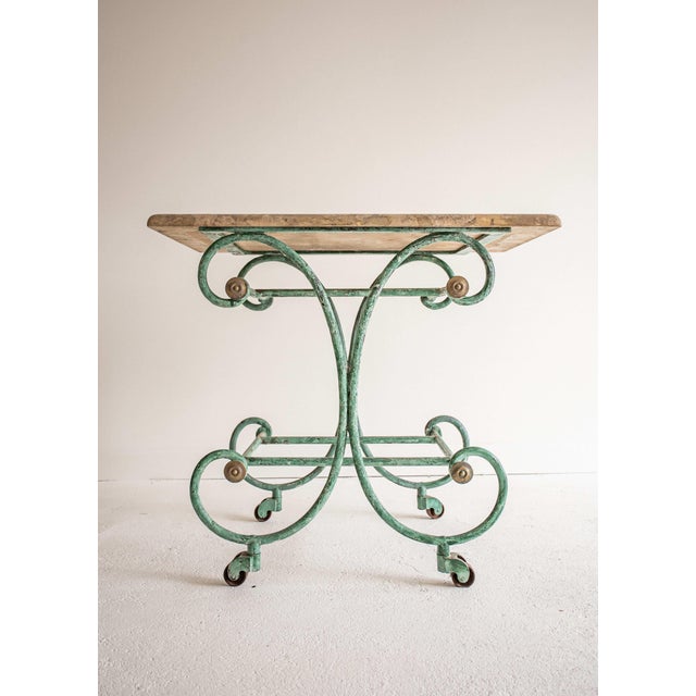 French Provincial 19th C French Cast Iron & Travertine Patisserie Table, With Brass Accents For Sale - Image 3 of 7