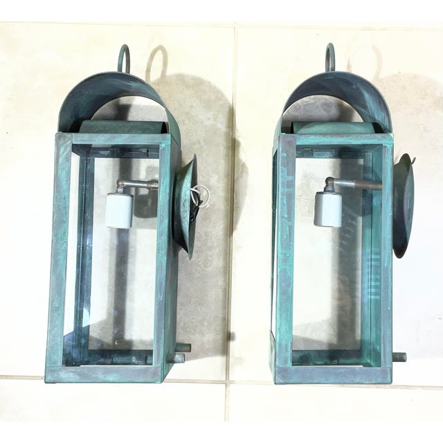 Turquoise Pair of Custom Hand-Crafted Solid Copper Wall Lanterns -17”x 6”25 Wide X 7”deep For Sale - Image 8 of 10