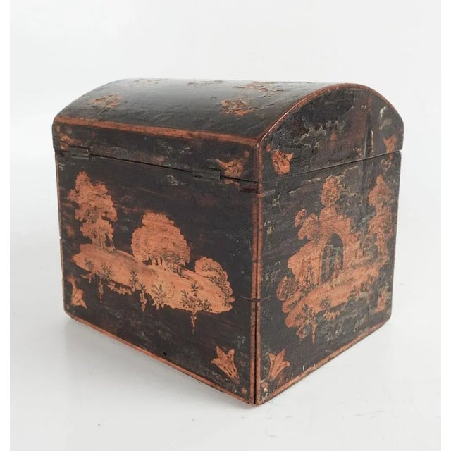 Antique late 19th century wood tea caddy box. Pastoral scenes on all sides with cottage, landscapes and windmill. Interior...