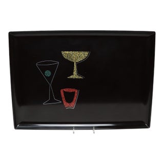 Large Rectangular Mid-Century Black Resin Coral and Shell Inlaid "Barware" / "Martini" Drinks Tray by Couroc For Sale
