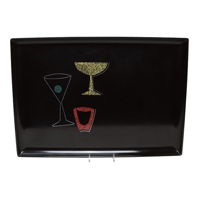 Large Rectangular Mid-Century Black Resin Coral and Shell Inlaid "Barware" / "Martini" Drinks Tray by Couroc For Sale