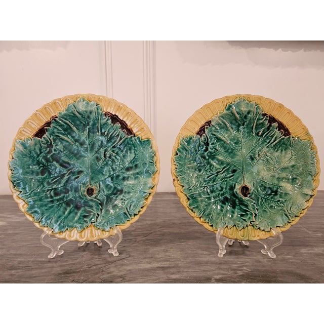 19th Century English Begonia Leaf Majolica set of 4 plates.
