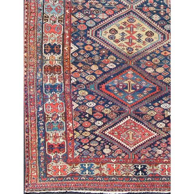 Tribal Antique Persian Bibikabad Rug With Diamond Medallions in Blue Background 7'4 X 11'7 For Sale - Image 3 of 11