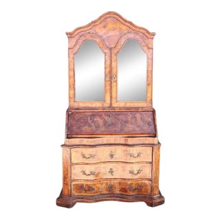 German Baroque Burr Walnut Veneer Two-Part Secretaire Glazed Door Bookcase For Sale