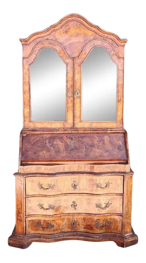 German Baroque Burr Walnut Veneer Two-Part Secretaire Glazed Door Bookcase