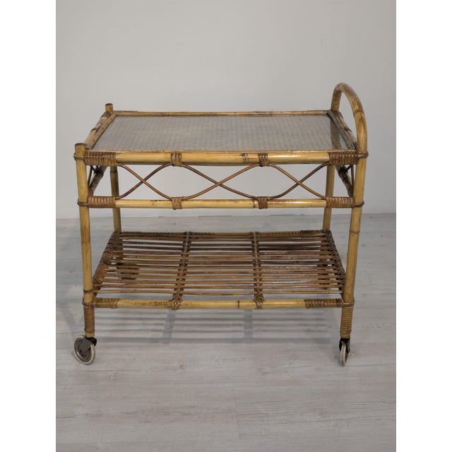 Wood Scandinavian Rattan, Raffia and Glass Serving Cart, 1960s For Sale - Image 7 of 14