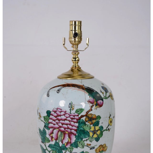 Chinese Chinese Antique Porcelain Famille Rose Jar Table Lamp With Bird, Floral Leave. For Sale - Image 3 of 6