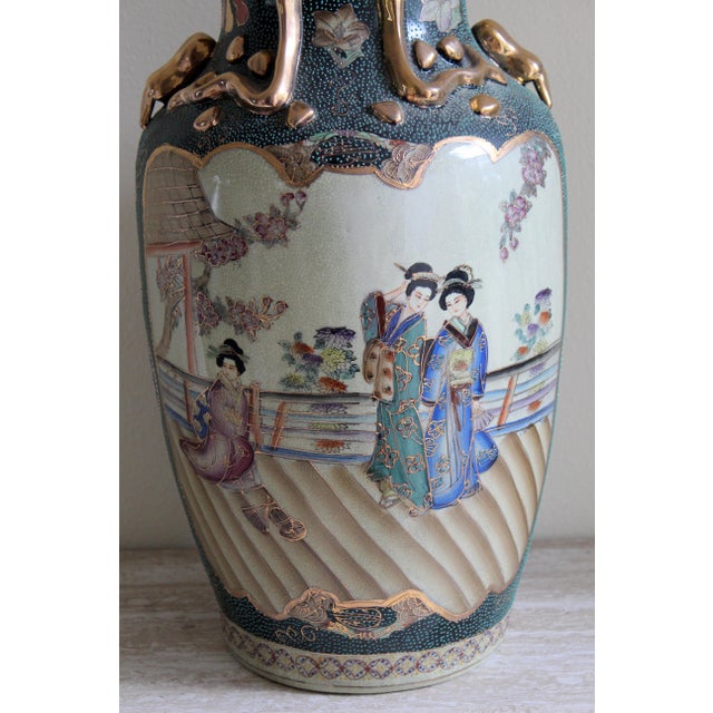 Ceramic Vintage Royal Satsuma-Style Porcelain Vase – Hand-Painted Geishas & Gilded Handles For Sale - Image 7 of 18