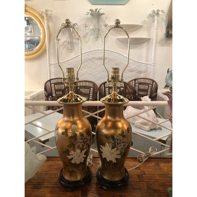 Vintage Chinoiserie Gold Leaf Brass Floral Birds Table Lamps -A Pair For Sale - Image 13 of 13