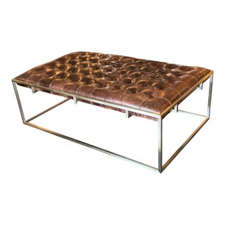 Universal Furniture Travers Tufted Leather + Steel Cocktail Ottoman For Sale