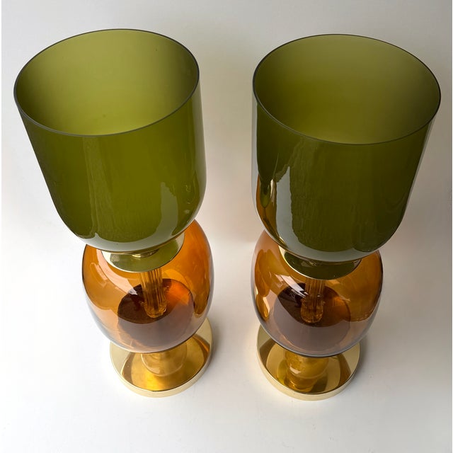 Metal Contemporary Pair of Brass and Murano Glass Green Shades Lamps, Italy For Sale - Image 7 of 11