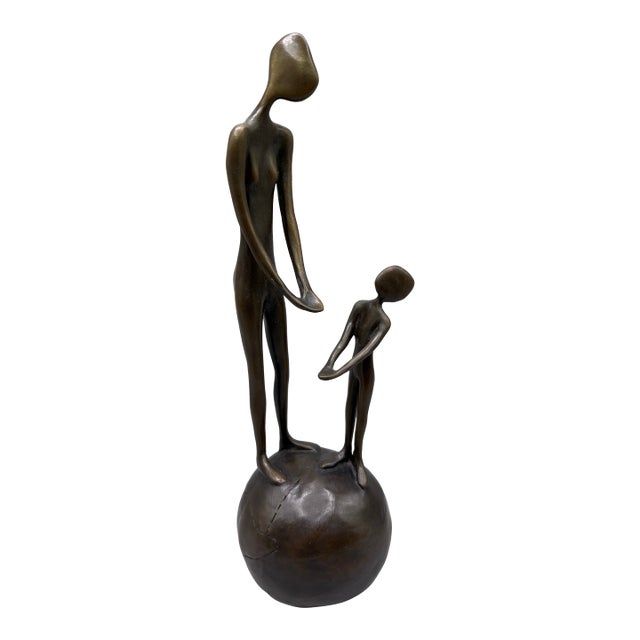 1990s Bronze Figural Woman and Child on Planet Earth Sculpture by John Kennedy For Sale