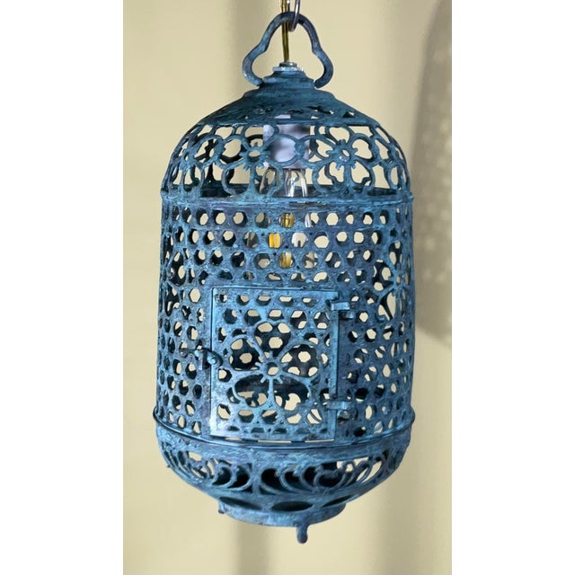 1910s Antique Bronze or Brass Lantern With Unique Patina and Floral Motif For Sale - Image 5 of 12