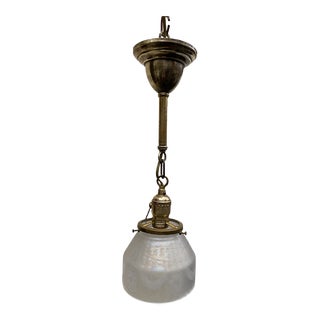 Vintage 1910s Etched Glass Shade and Vintage Brass Hanging Fixture For Sale