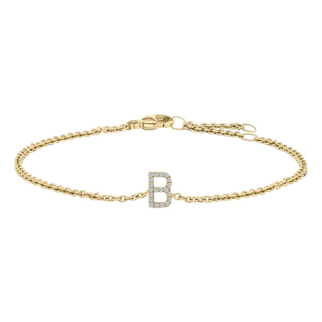 10K Yellow Gold Diamond Accent "B" Initial Charm and Link Bracelet For Sale