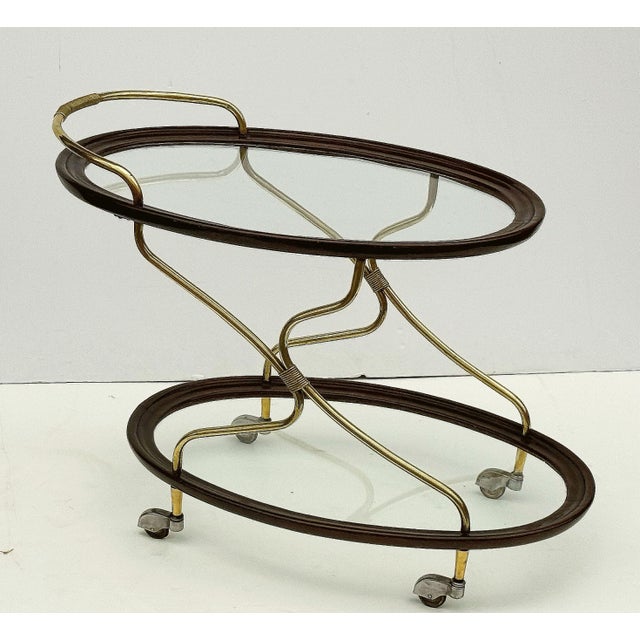 French Oval Drinks Cart of Mahogany and Brass and Glass on Rolling Casters For Sale - Image 4 of 12