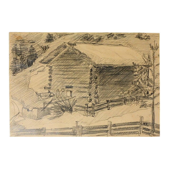 Mid 20th Century Homestead Log Cabin Pencil Drawing For Sale
