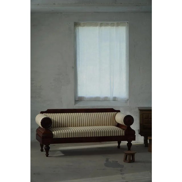 Traditional Antique Danish Empire Sofa with Detailed Woodwork and Striped Fabric, 19th Century For Sale - Image 3 of 17