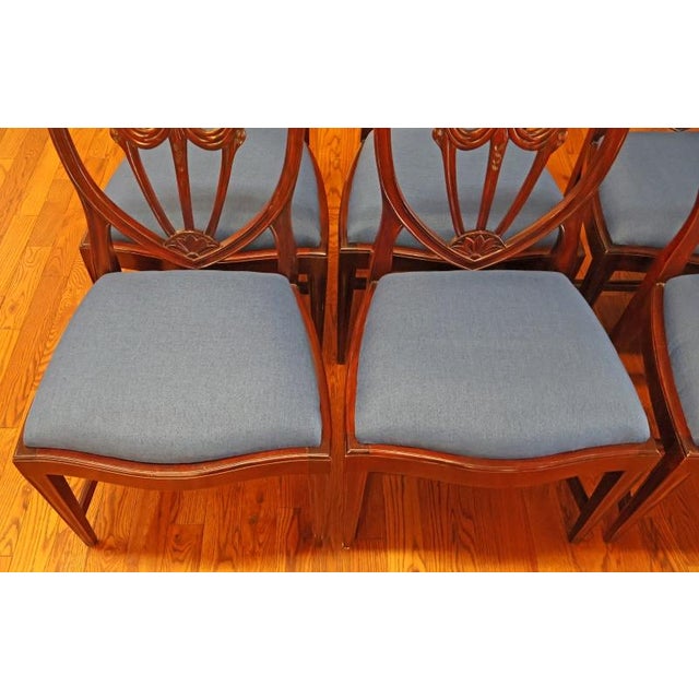 Brown 1990s Set of 8 Regency Style Solid Mahogany Fleur-De-Lis Blue Fabric Dining Chairs For Sale - Image 8 of 18