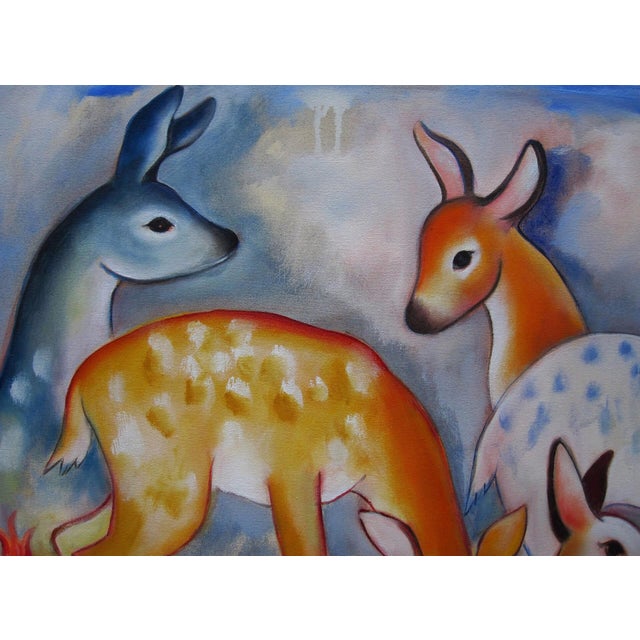 Figurative Forest Fawns by Zoa Ace | Oil on canvas featuring four colorful fawns in a grassy field For Sale - Image 3 of 3