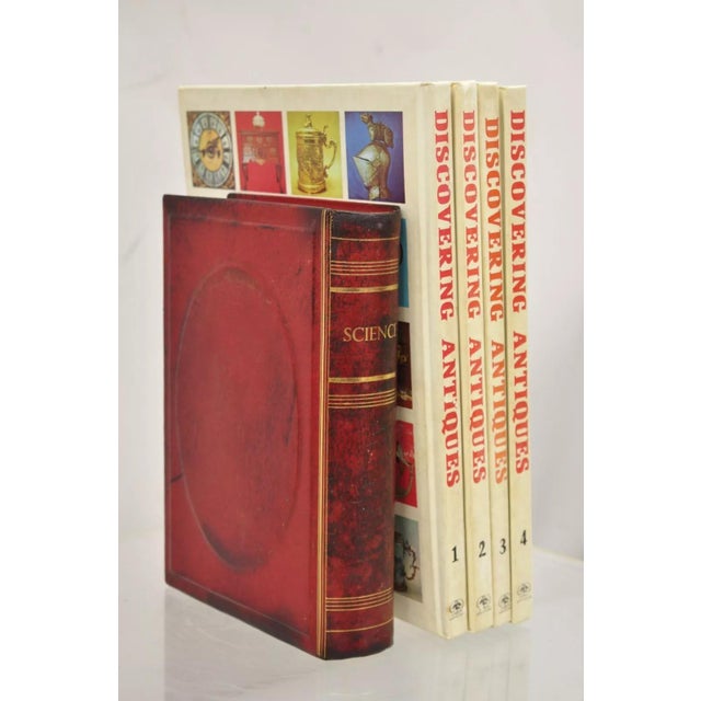 Vintage Italian Regency Red Leather Bound "Science" Faux Book Bookend. Item featured has a leather-bound faux book form,...