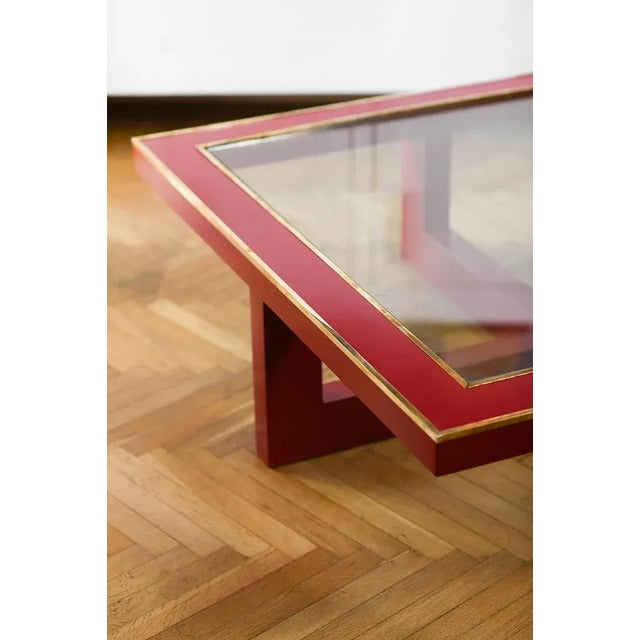 Large China Red Lacquered Low Lounge Table with Brass Details, Italy, 1970s, in Restored conditions. Designed 1970 to 1979