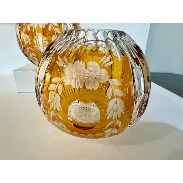 Pair of Vintage Huta Julia Poland Amber Cut-to-Clear Crystal Orb Bowls For Sale - Image 4 of 12