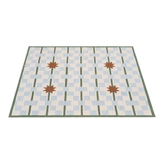 Handmade Cotton Vegetable Dyed Area Rug, Cream, Sky Blue, Sage Green Star Dash Dhurrie-10x14 For Sale