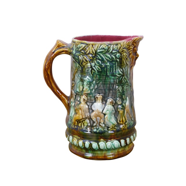 French Country Antique Onnaing Majolica 714 Castle Courtyard Tavern Green Man Jug Pitcher 9" For Sale - Image 3 of 17